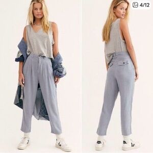 Free People Blue Faded Love Linen Blend High-Rise Pleated Front Pants in Wave